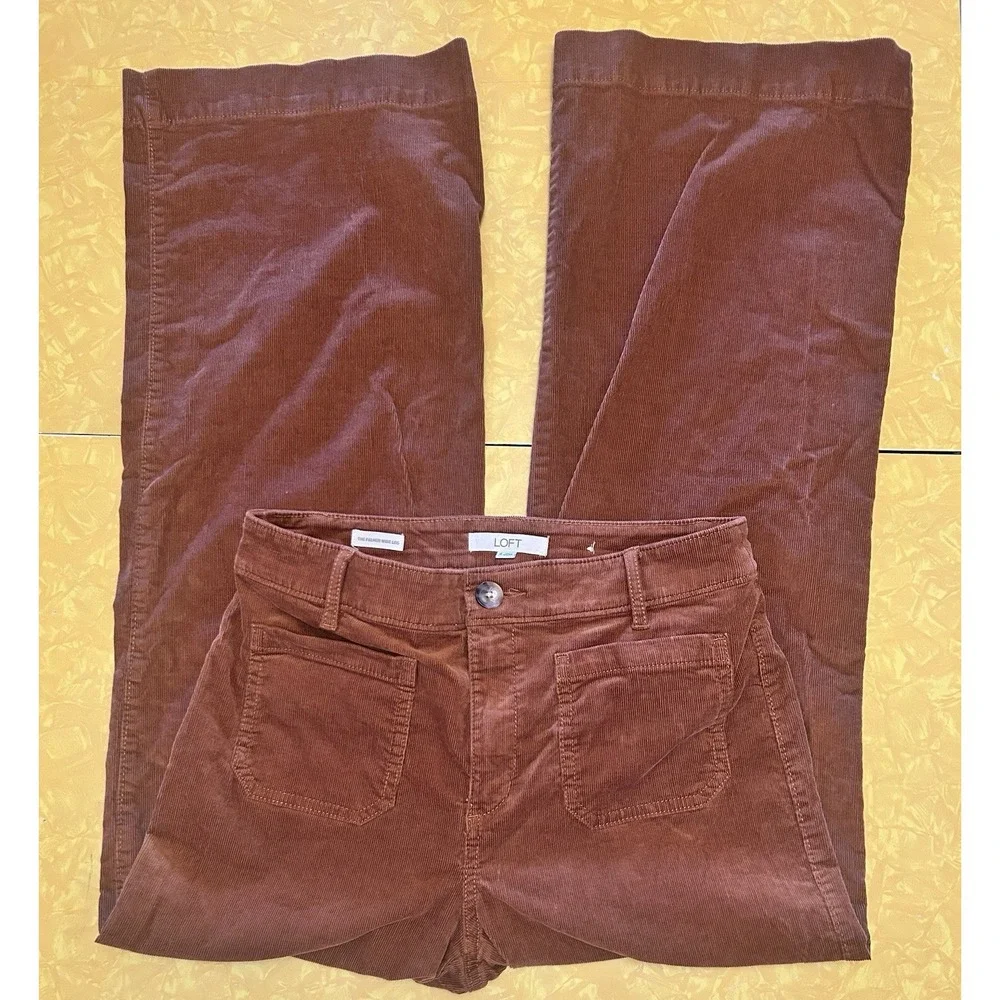 Loft Palmer Wide Leg Women's Pants Size 4 Tan Brown Corduroy High Rise Stretch - Picture 1 of 9